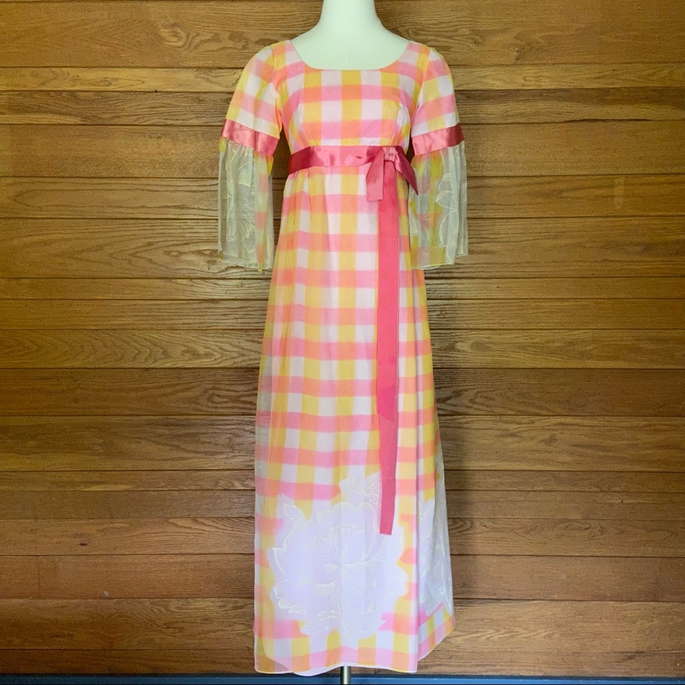 Vintage 60s pink and yellow plaid floral dress